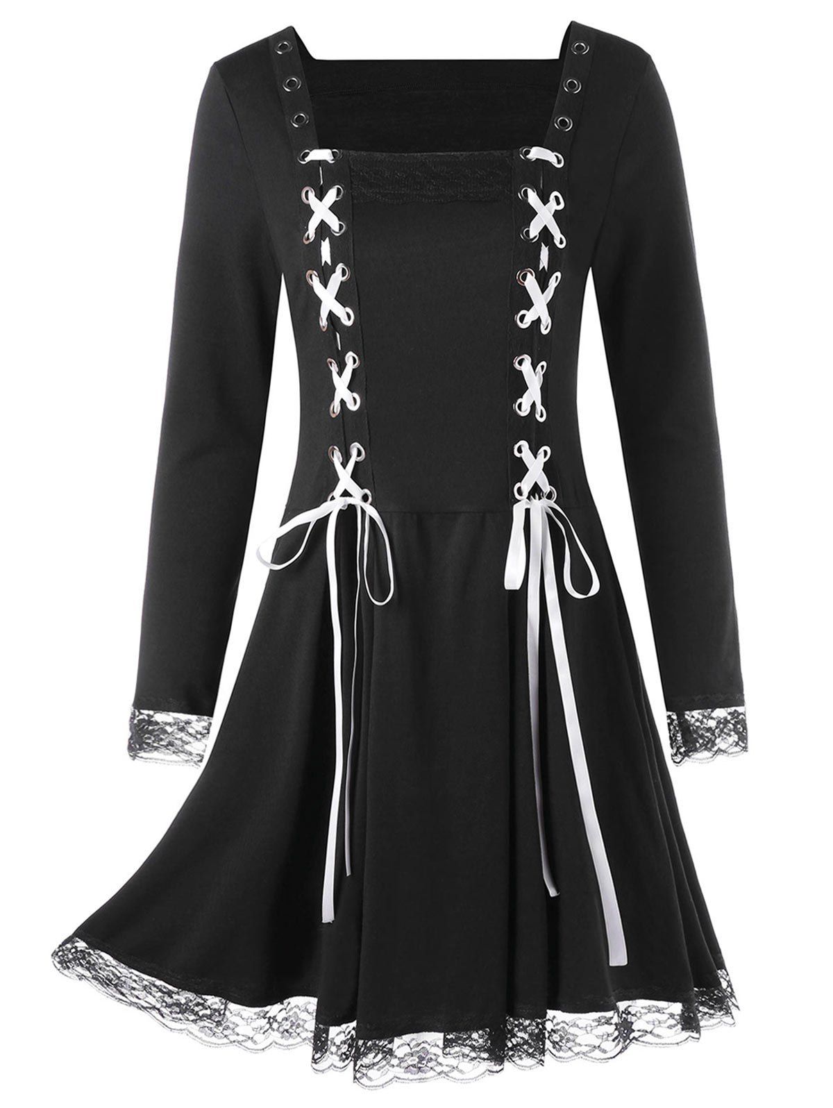 

Long Sleeve Criss Cross Lace Panel Dress, Black
