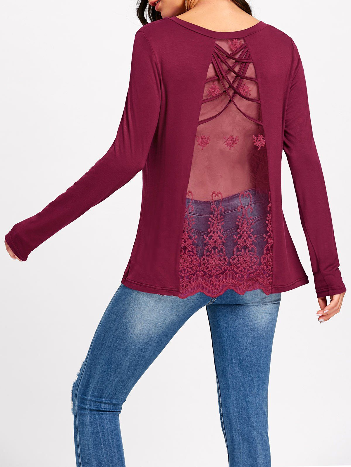 

Long Sleeve Criss Cross Embroidered See Thru T-shirt, Wine red