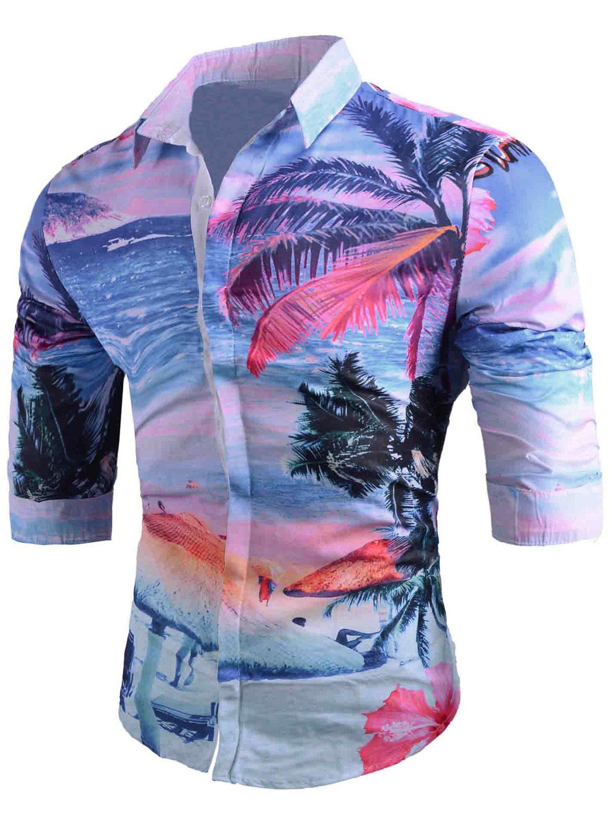 [41% OFF] Palm Tree Print Hawaiian Long Sleeve Shirt | Rosegal