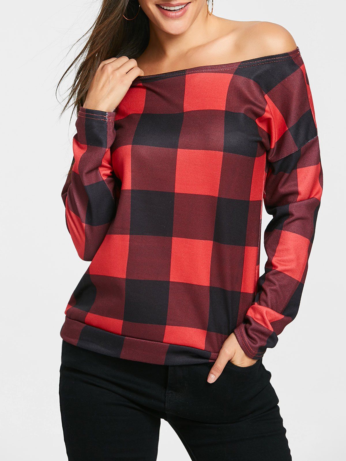 [27 Off] Plaid Skew Neck Long Sleeve Top Rosegal