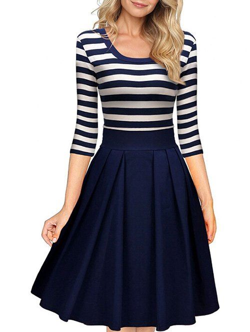 

Scoop Neck Striped Fit and Flare Dress, Blue