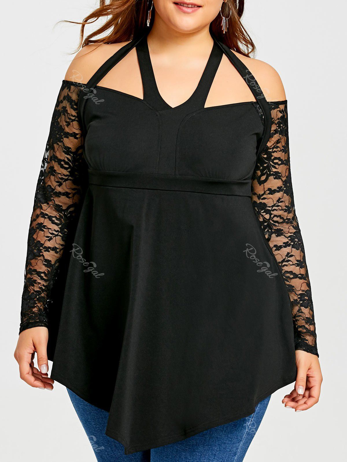 

Plus Size Cold Shoulder Lace Sleeve Blouse, Black