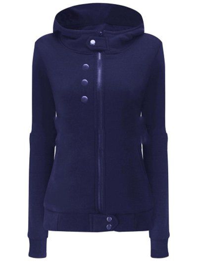 

Long Sleeve Button Insert Zipper Hoodie, Pearl indigo blue