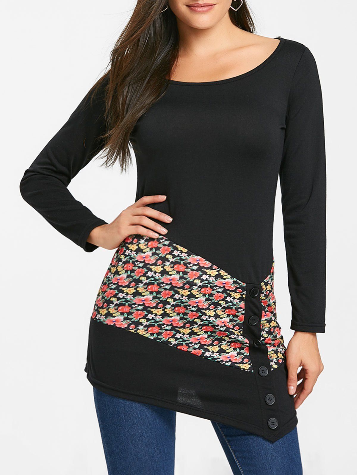 

Floral Panel Buttons Long Sleeve Tunic Top, Black
