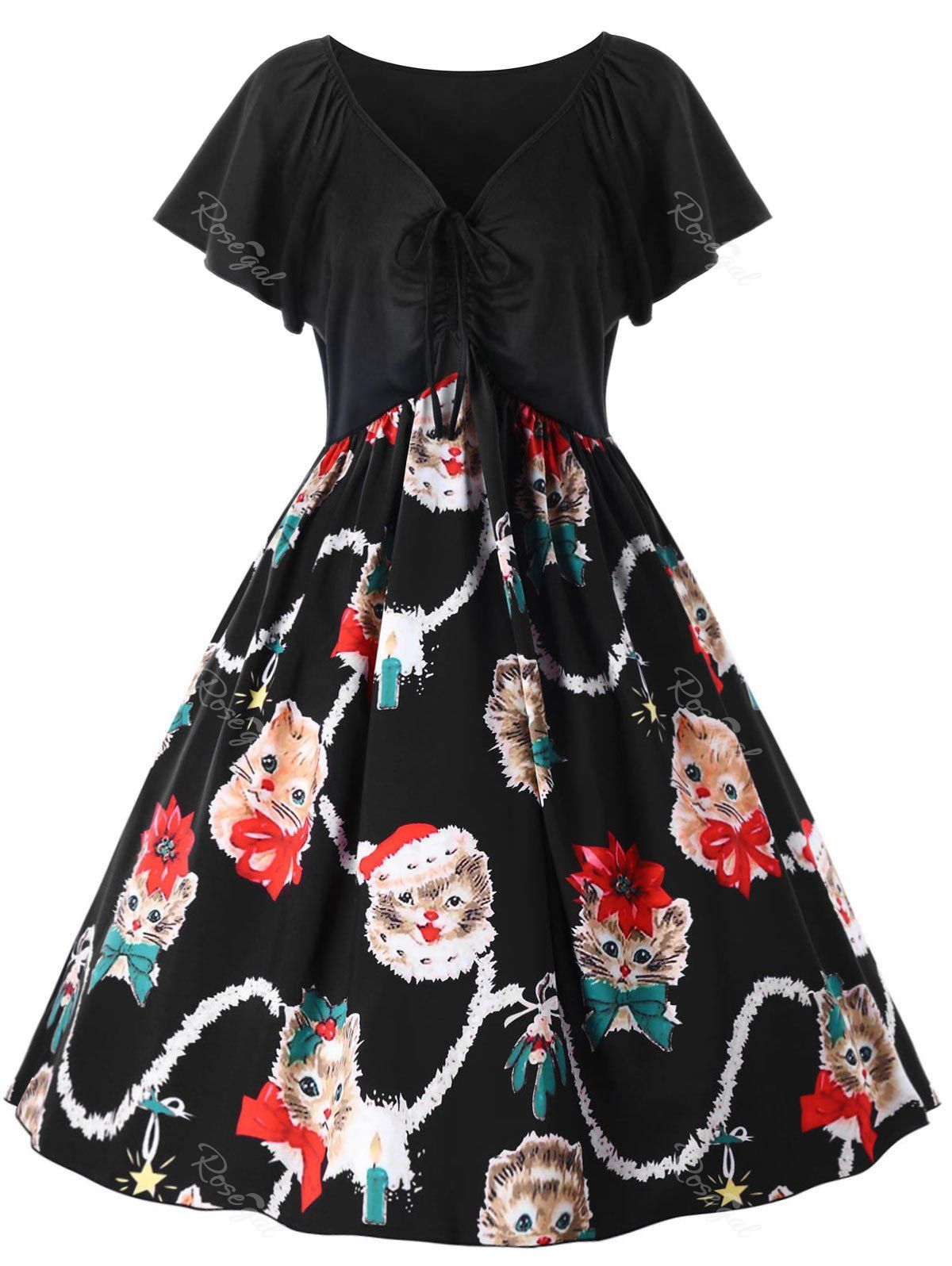 

Plus Size V Neck Kitten Print Swing Dress, Black