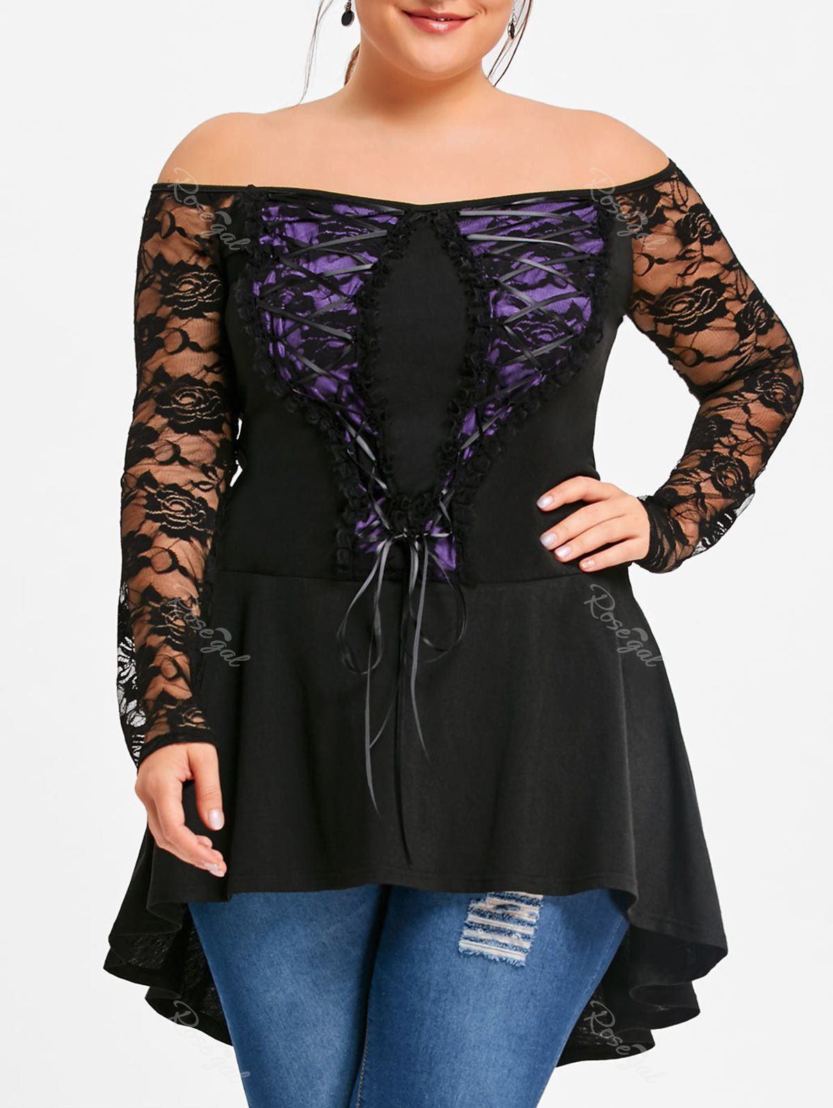 

Plus Size Lace Up Off The Shoulder Top, Black