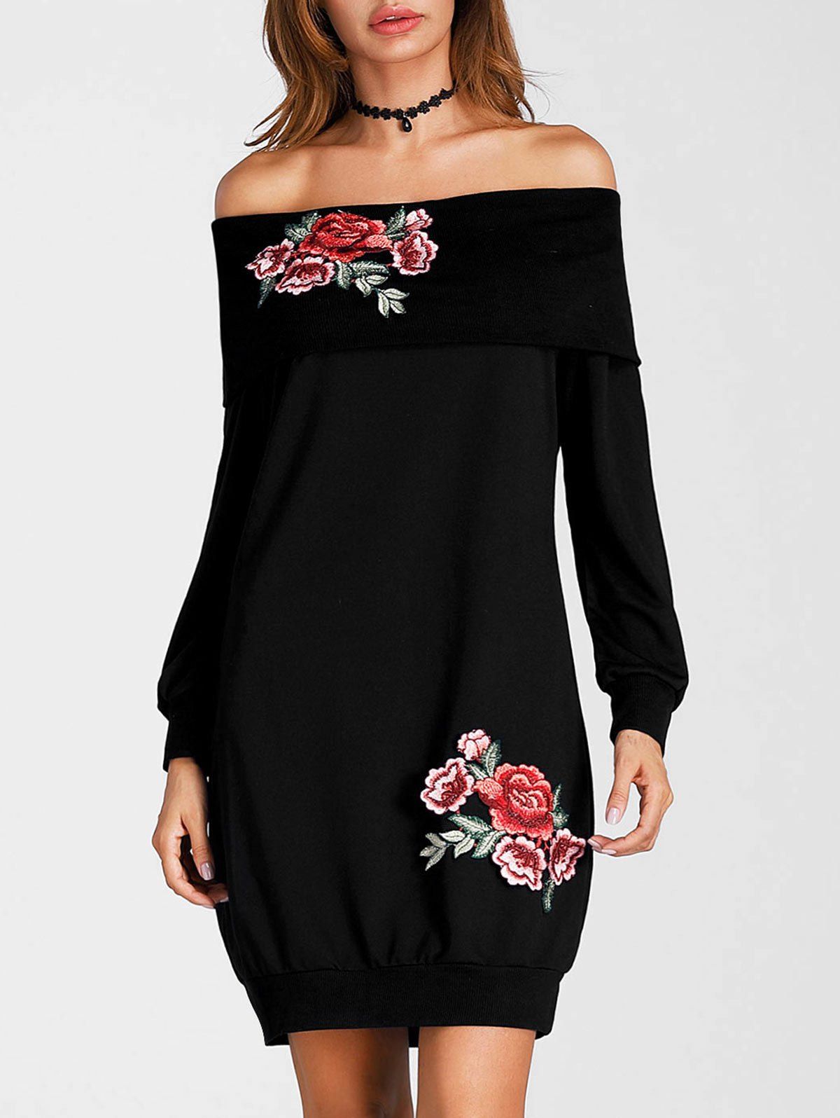 

Embroidered Off The Shoulder Mini Sweatshirt Dress, Black