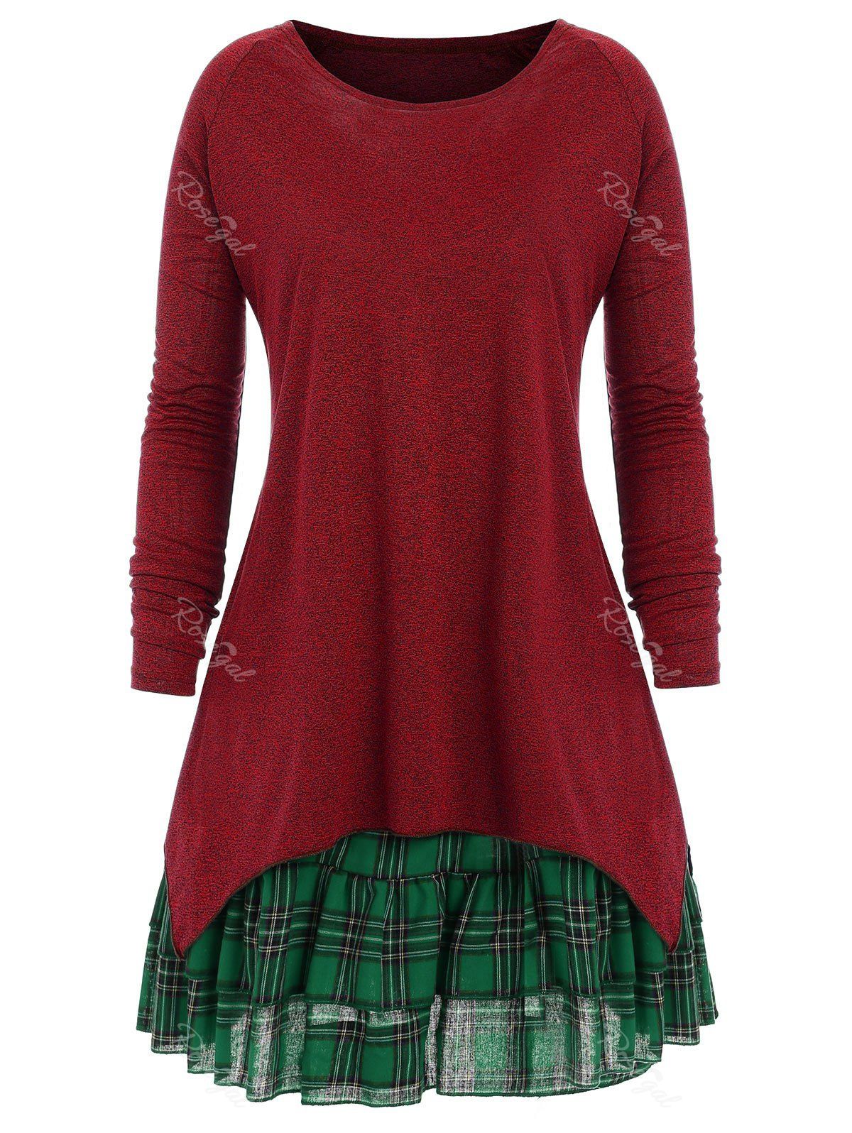 

Plus Size Plaid Two Piece Dress, Wine red