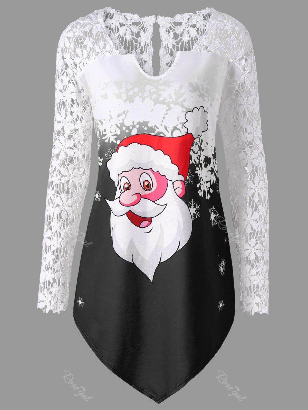 

Christmas Plus Size Santa Claus Lace Trim T-shirt, Black