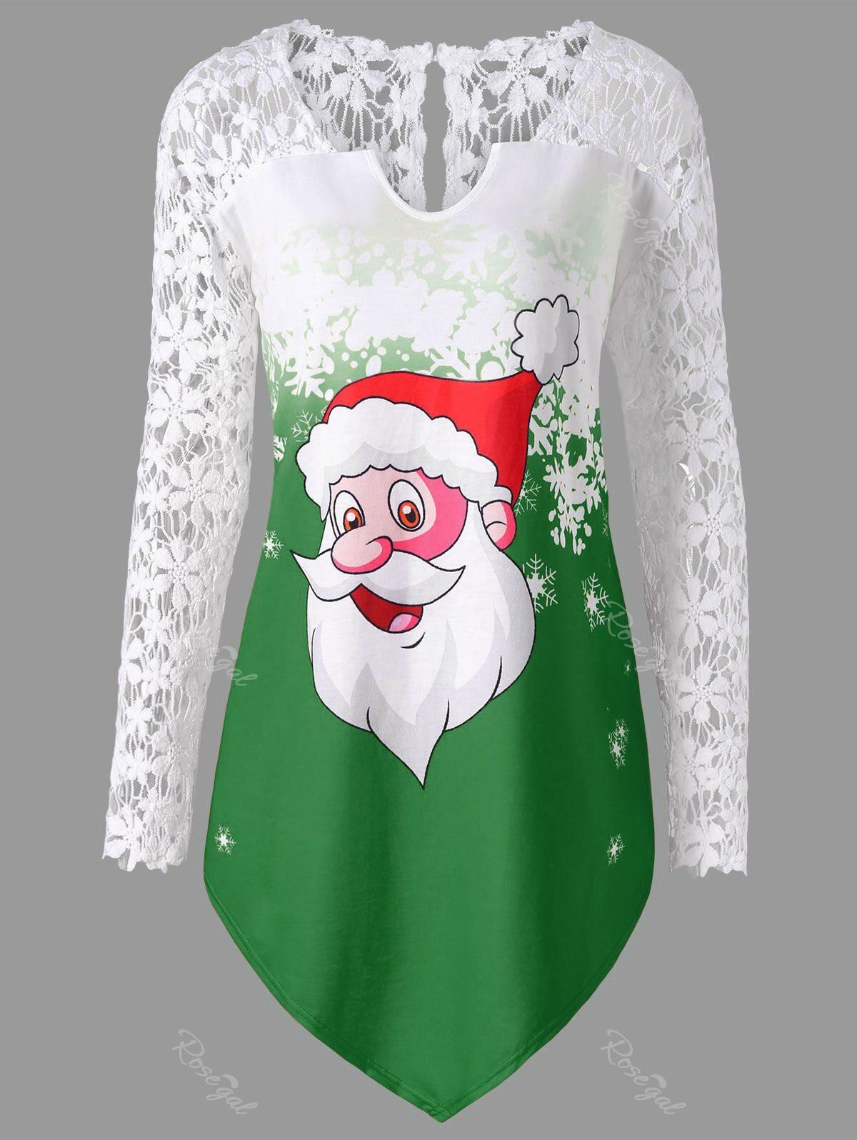 

Christmas Plus Size Santa Claus Lace Trim T-shirt, Green