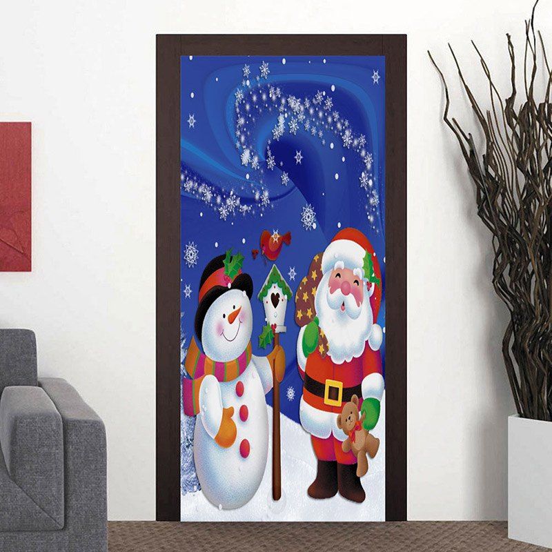 

Christmas Snowman and Santa Claus Pattern Door Art Stickers, Blue