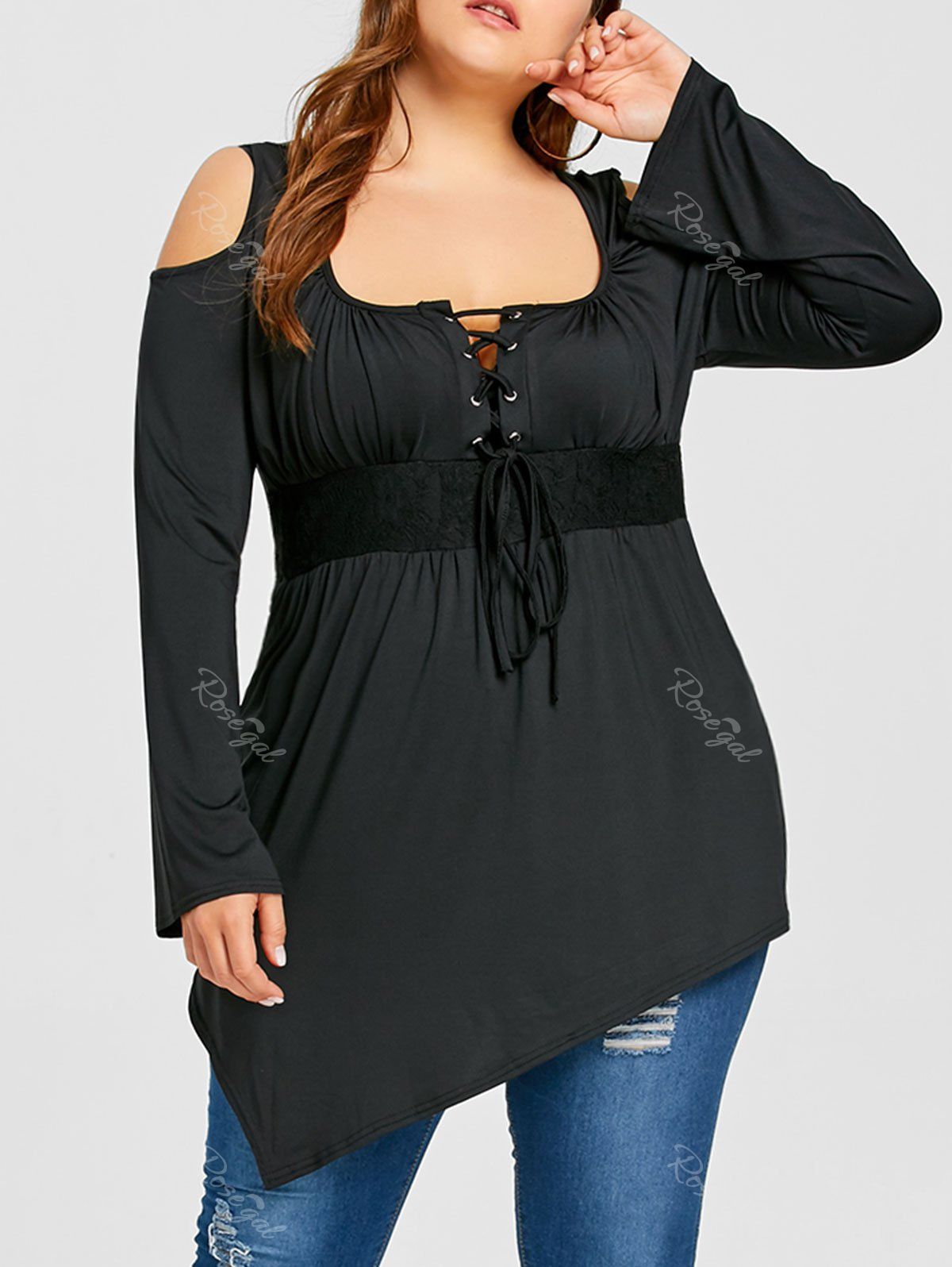 

Lace Up Cold Shoulder Plus Size Tee, Black