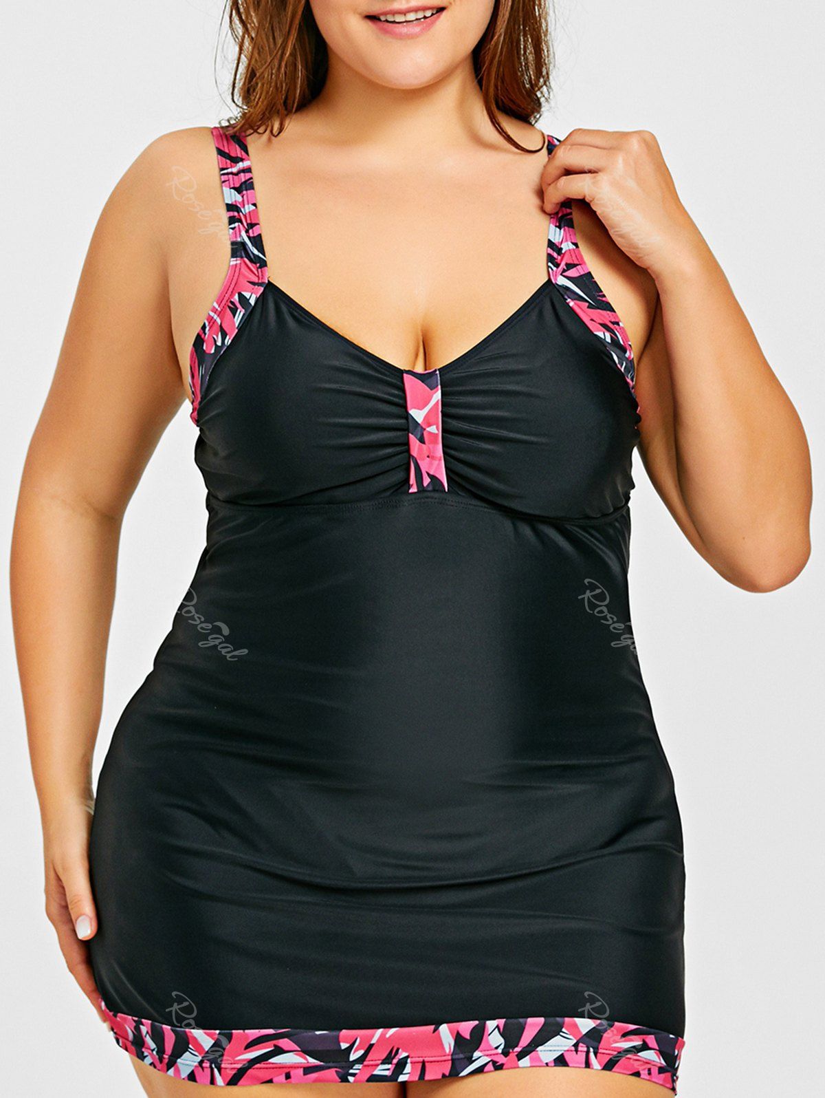 

Bowknot Panel Plus Size Blouson Tankini Swimsuit, Black + rose
