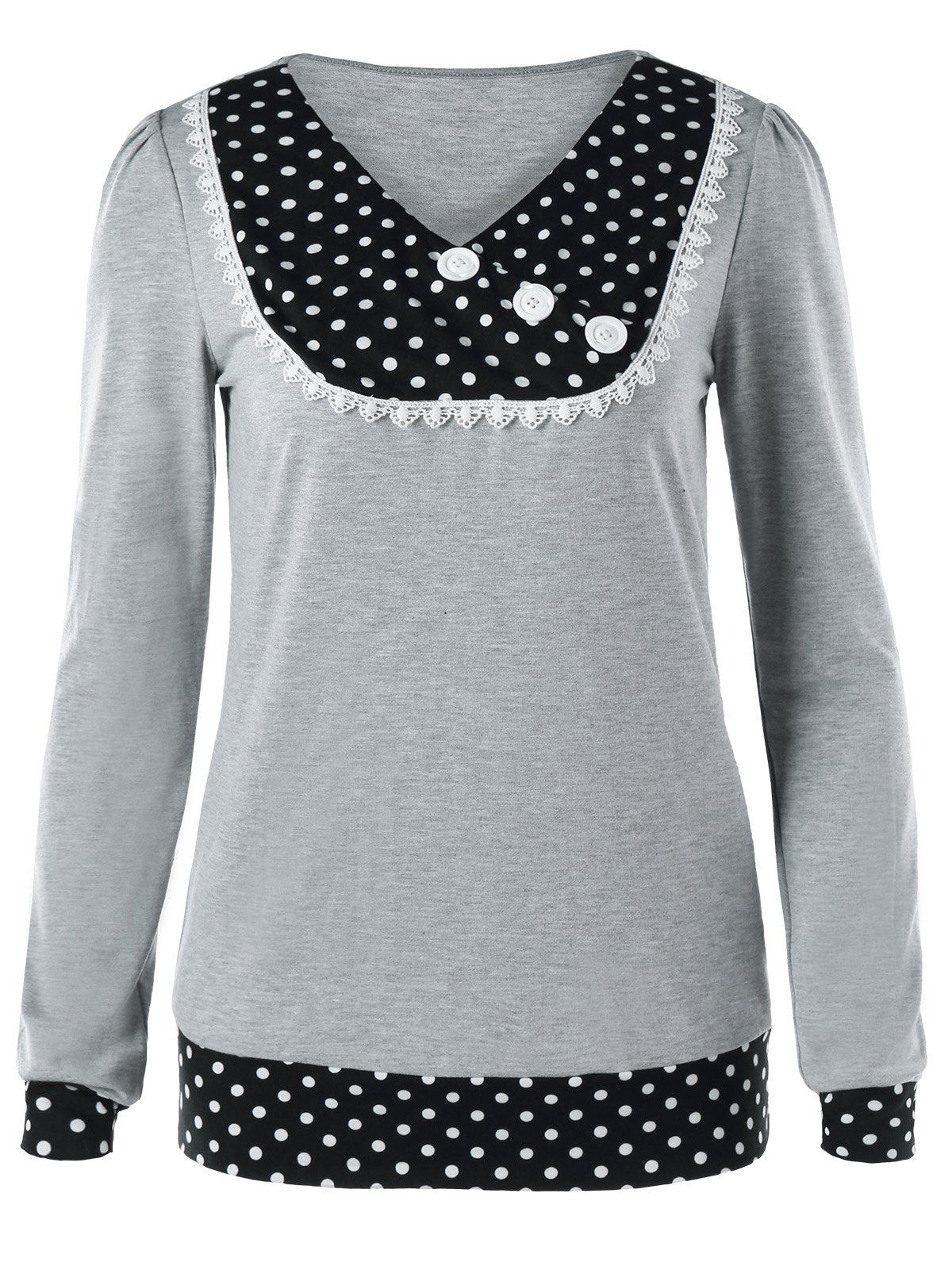

V Neck Buttoned Polka Dot Tee, Gray