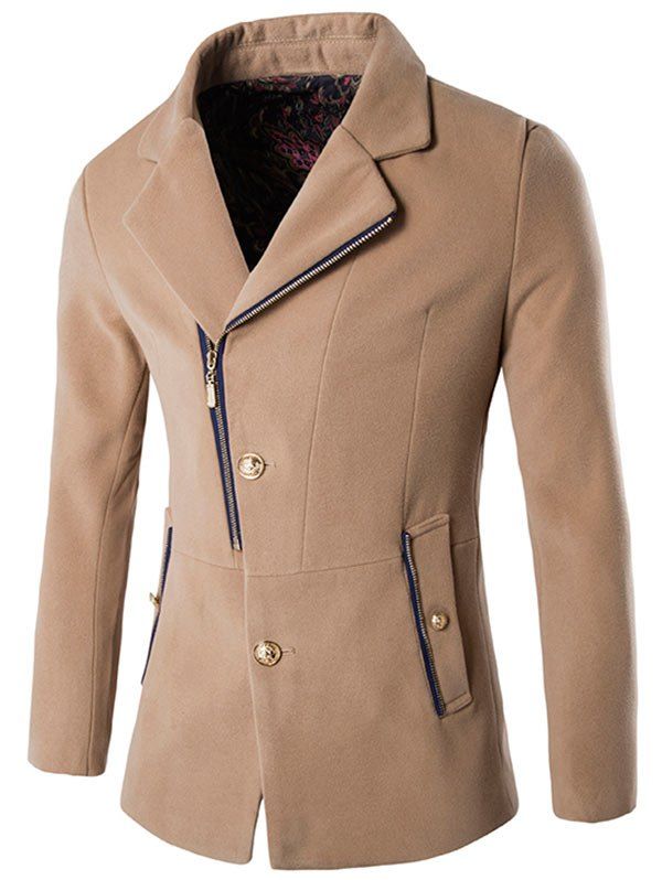 

Side Button and Zip Up Wool Blend Coat, Khaki