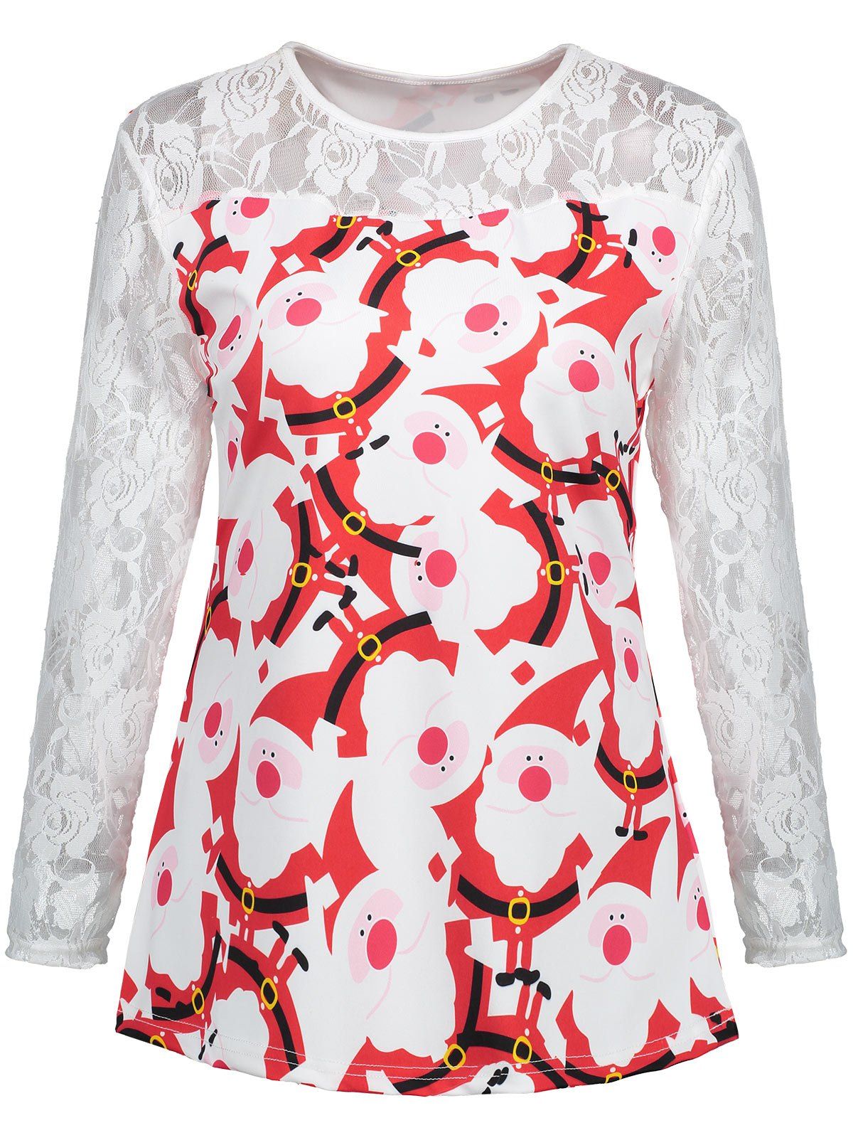 

Christmas Cartoon Print Lace Sleeve Top, Red with white