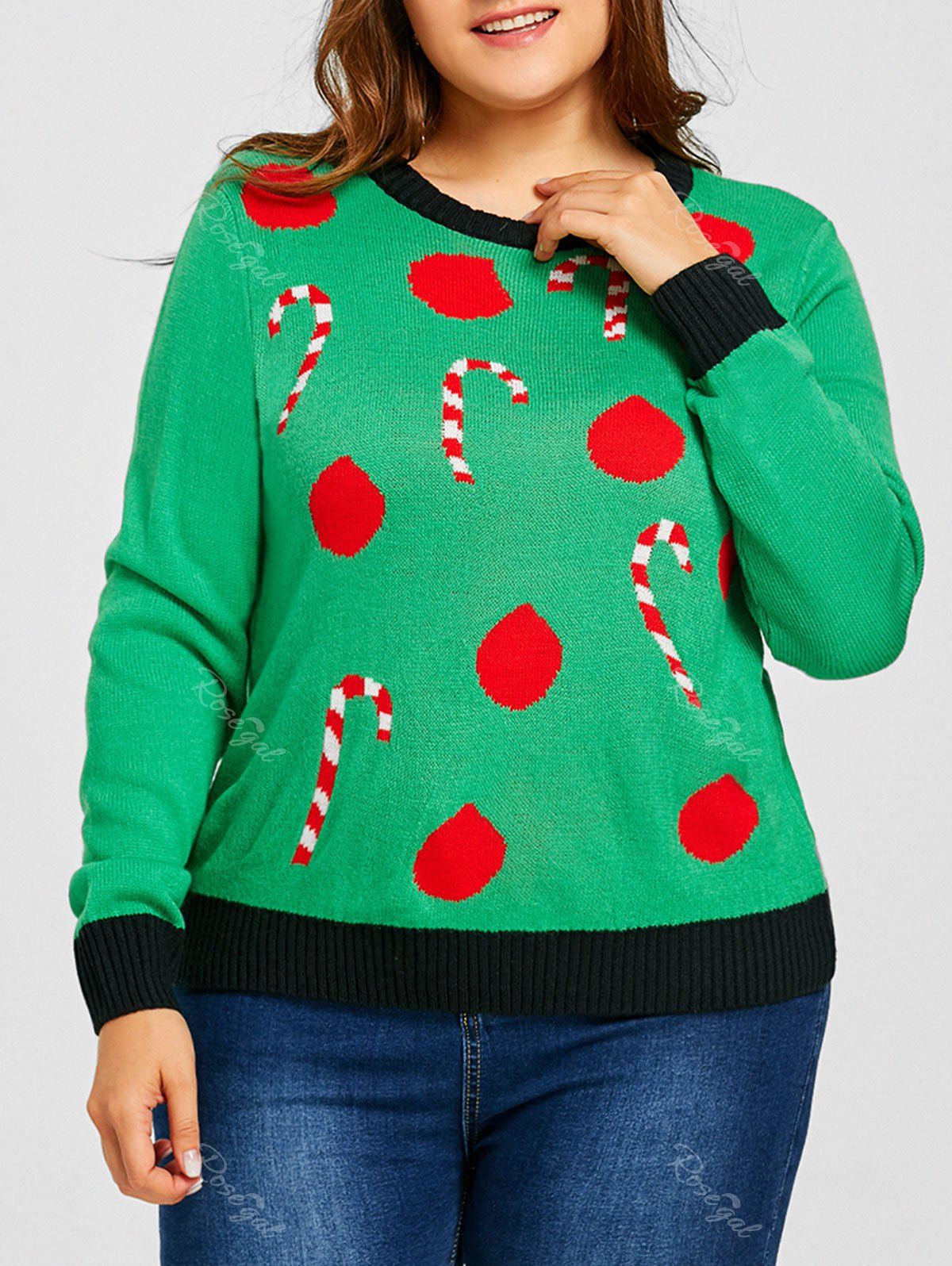 

Christmas Sticks Polka Dot Jacquard Plus Size Sweater, Green