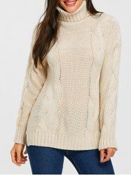 Cable Knitted Turtleneck Slit Sweater -