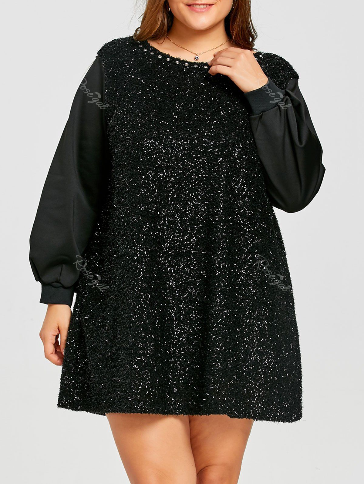 

Plus Size Rhinestone Detail Fuzzy Mini Dress, Black