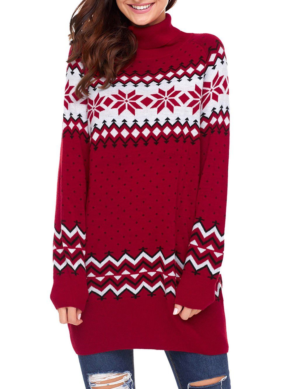 

Christmas Snowflake Patterned Turtleneck Tunic Sweater, Red