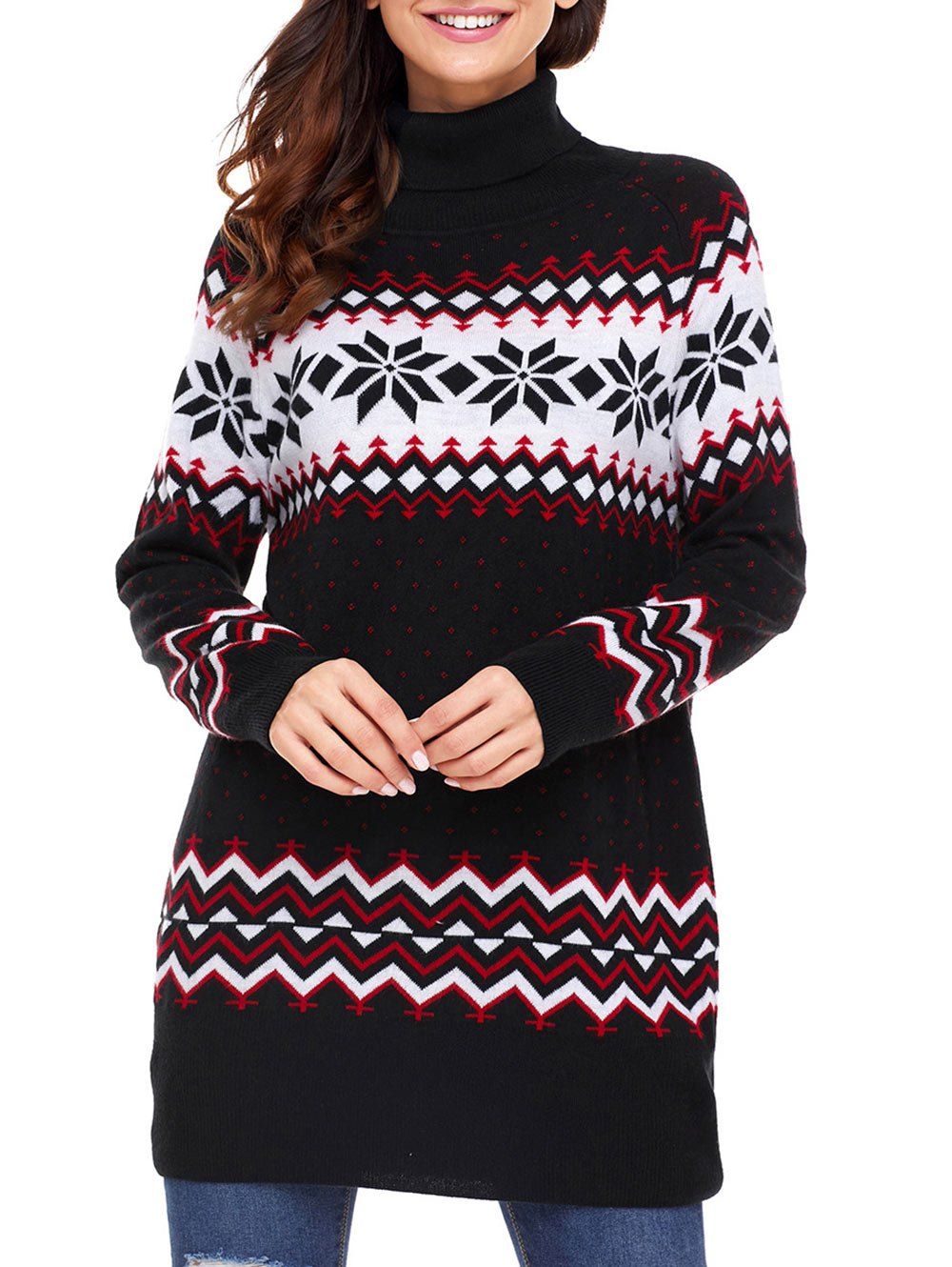 

Christmas Snowflake Patterned Turtleneck Tunic Sweater, Black