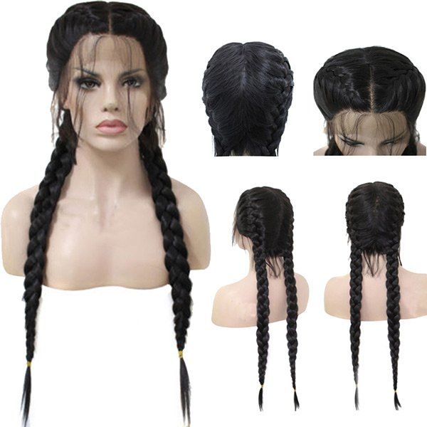 

Long Center Parting Double Braids Lace Front Synthetic Wig, Natural black