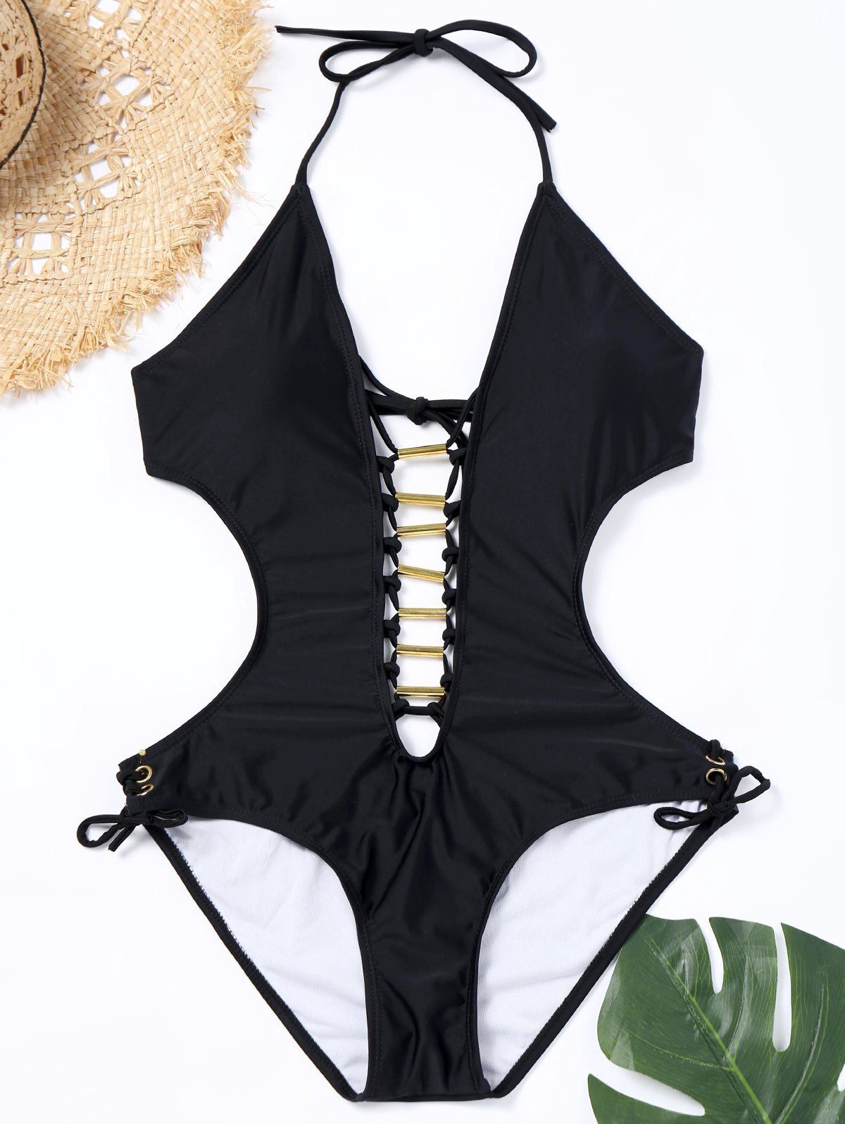 

Backless Lace-up One Piece Swimsuit, Black