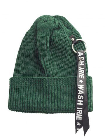 Letter Printing Pattern Embellished Flanging Ribbon Beanie - Green Letter Printing Pattern Embellished Flanging Ribbon Beanie - Green