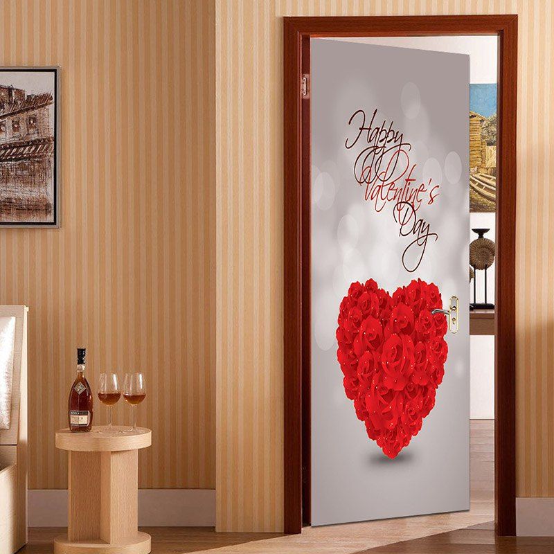 

Romantic Heart Shape Rose Pattern Door Stickers, Red