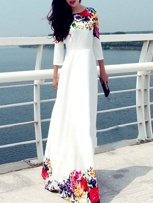 

Round Neck Floral Print Party Maxi Dress, White