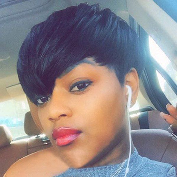 

Short Side Bang Straight Synthetic Wig, Black blue
