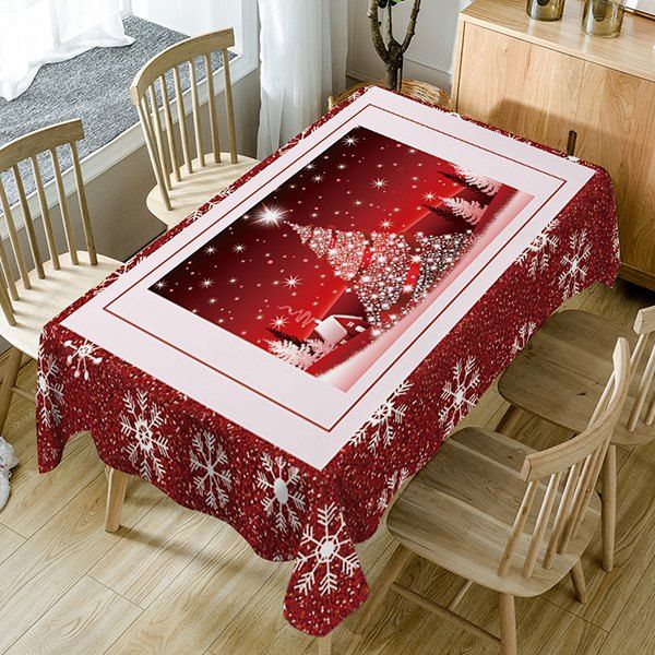 

Christmas Tree Snowflakes Print Fabric Waterproof Table Cloth, Red