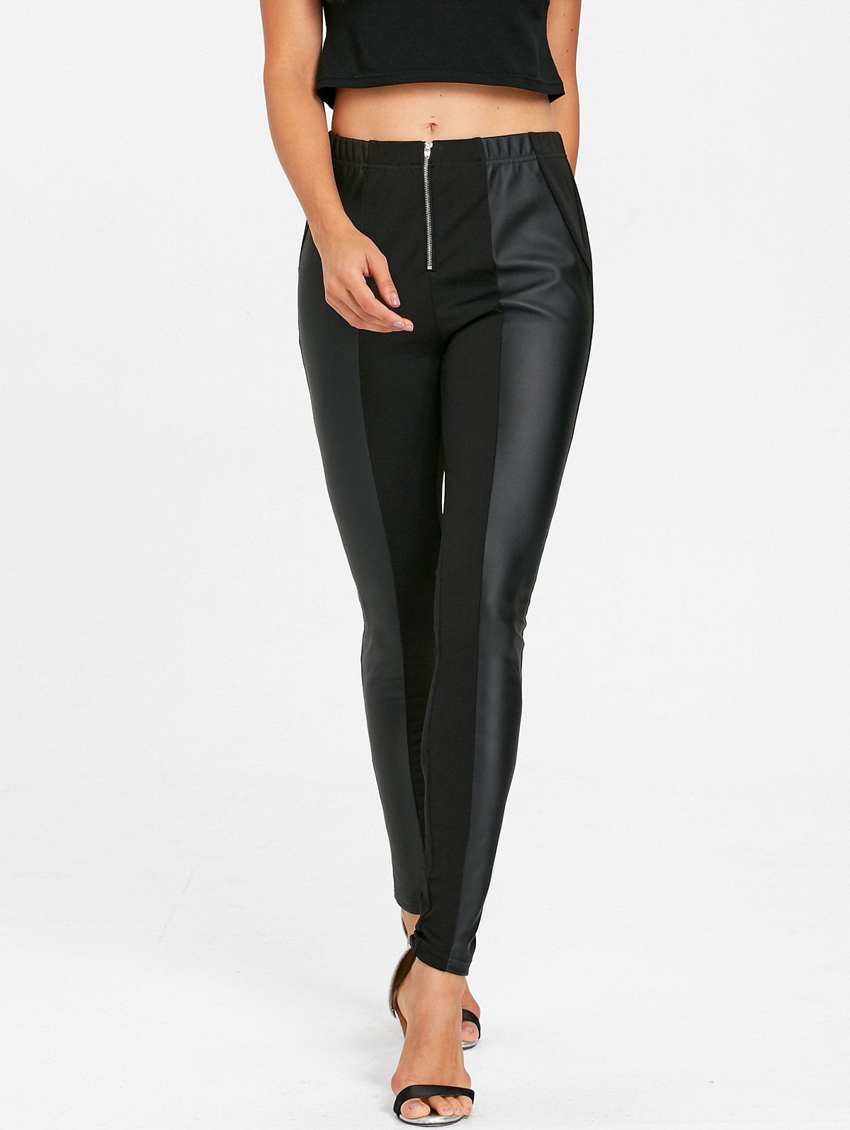 

Faux Leather Insert Fitted Pants, Black