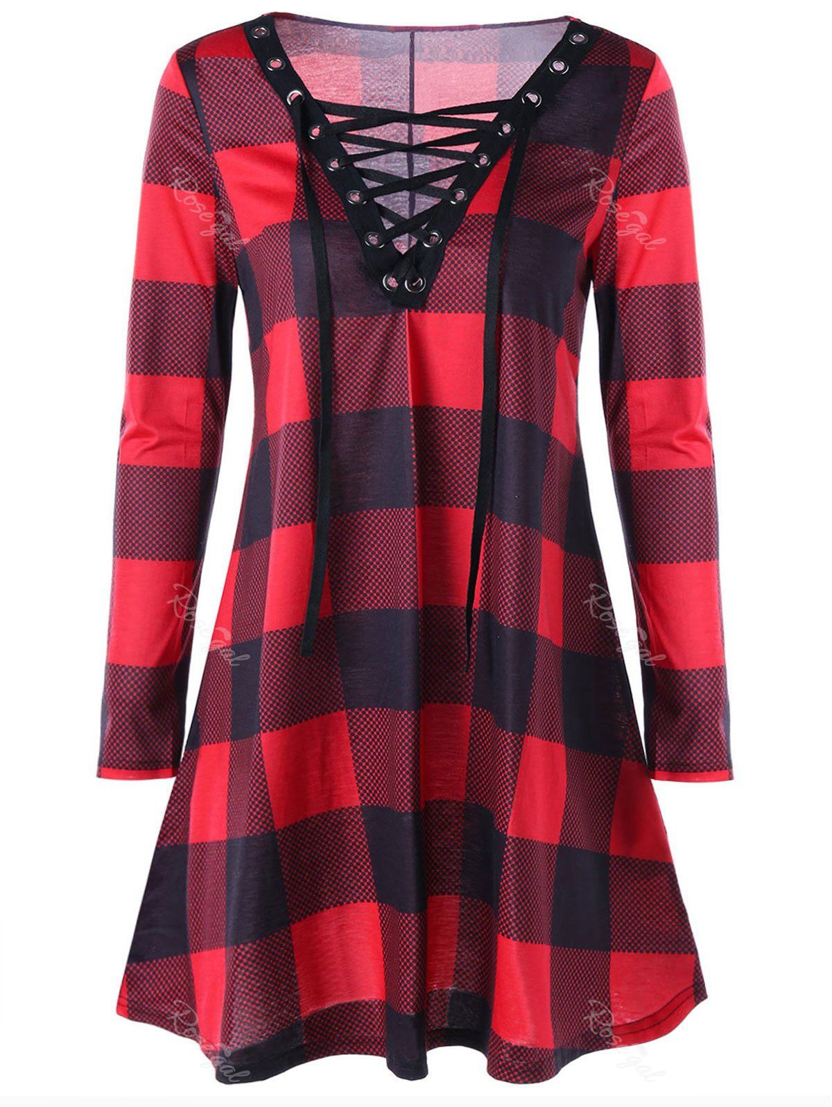 

Plus Size Lace Up Plaid Dress, Red
