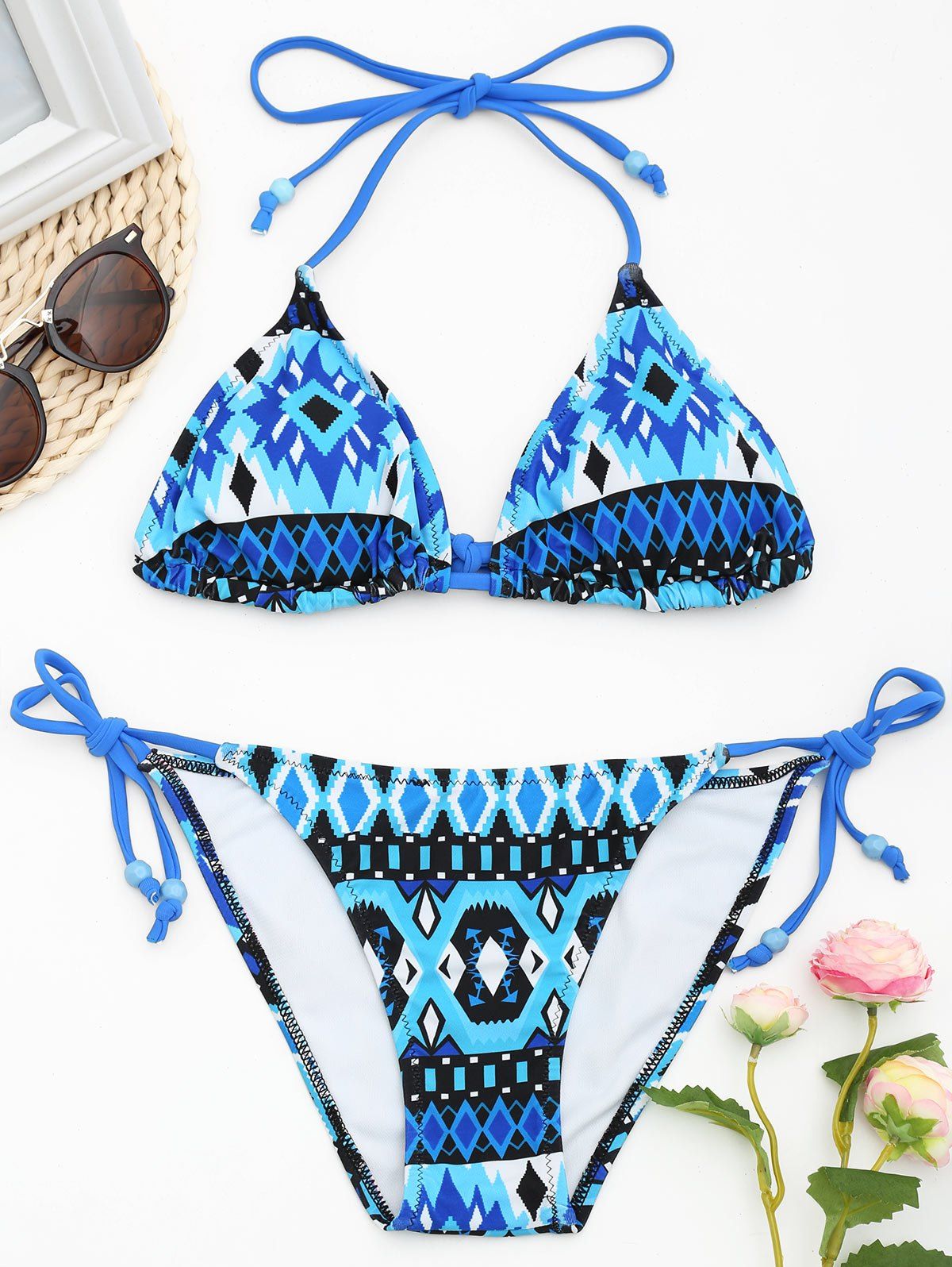 

Aztec Print String Low Waisted Bikini Set, Blue