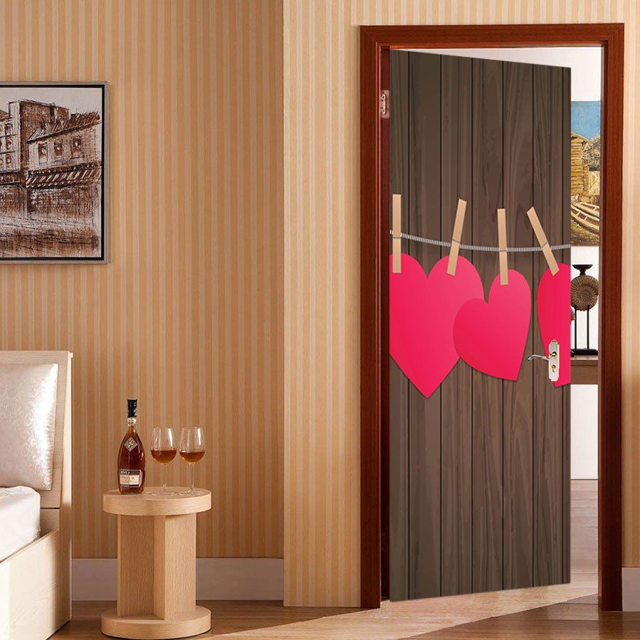 

Woodgrain Heart Pattern Valentines Day Door Cover Stickers, Colorful