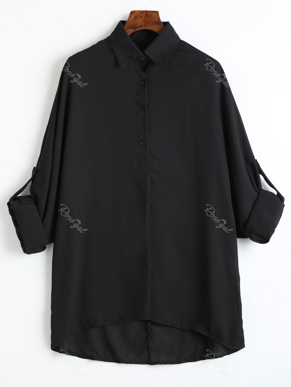 

Plus Size Roll Up Sleeve Chiffon High Low Blouse, Black