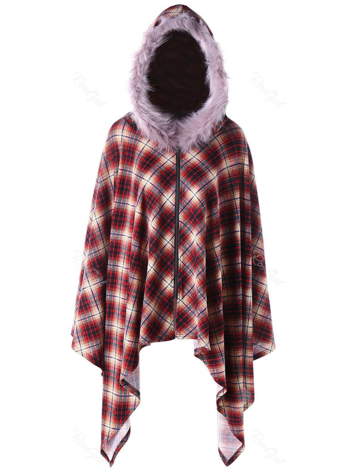 [36% OFF] Plus Size Faux Fur Hooded Plaid Poncho Coat | Rosegal