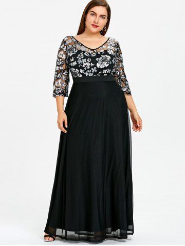 

Plus Size Floral Sequined Maxi Prom Dress, Black
