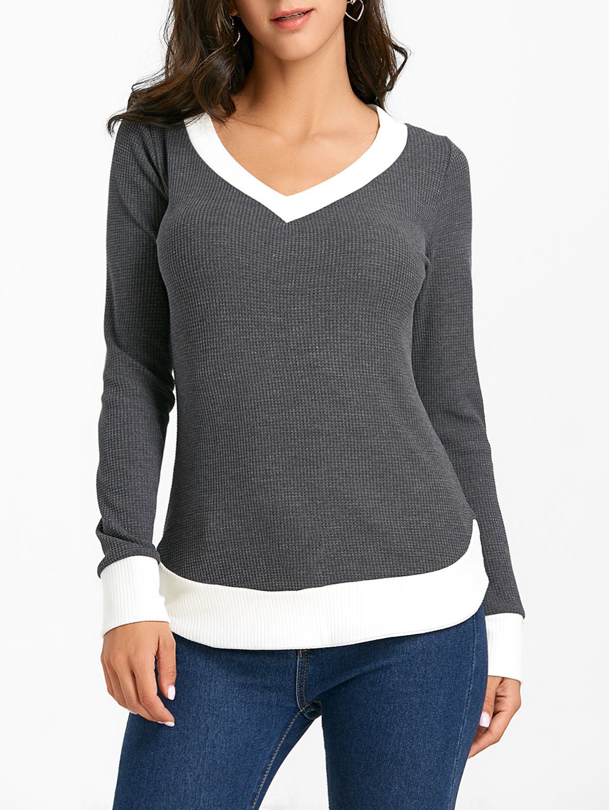 

Contrast Hem V Neck Knitwear, Gray