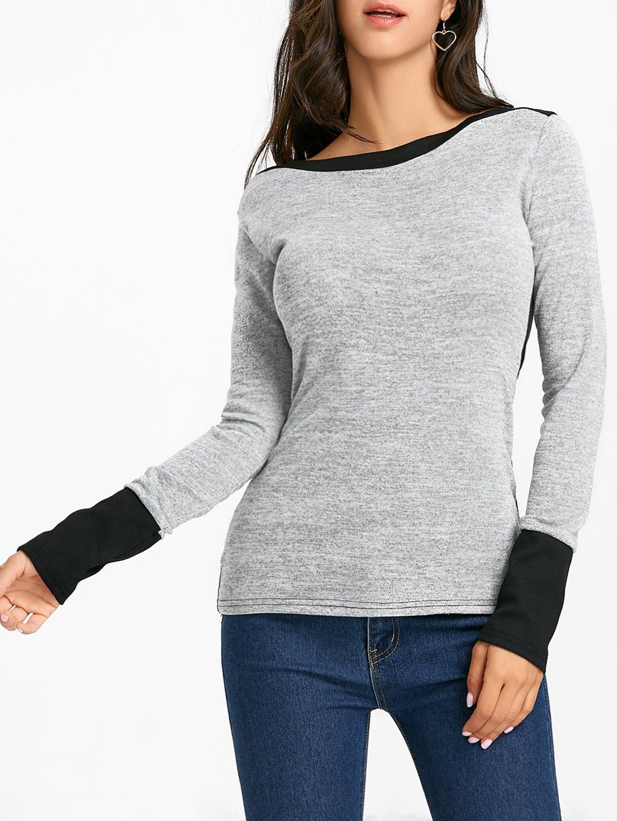 

Color Block Boat Neck Knit Top, Gray