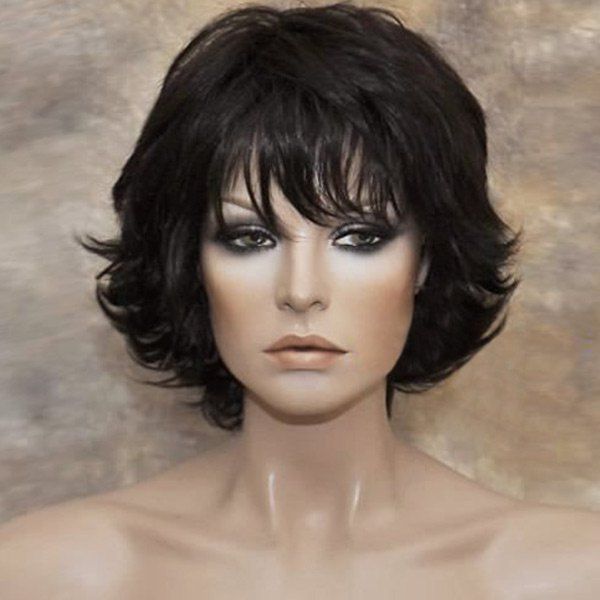 

Short Inclined Bang Natural Straight Tail Upward Synthetic Wig, Black