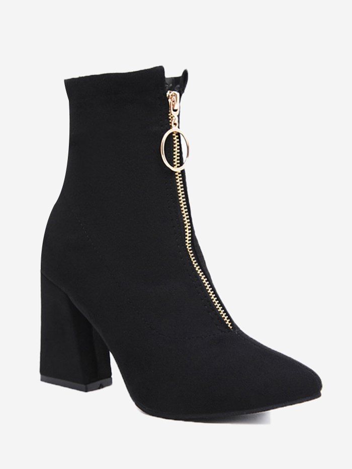 Pointed Toe Chunky Heel Front Zip Boots Pointed Toe Chunky Heel Front Zip Boots