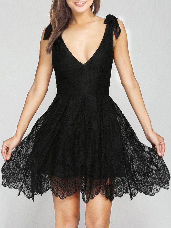 

Lace Plunge Neck Skater Dress, Black