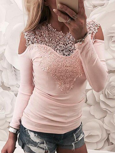 

Lace Openwork Cold Shoulder Top, Pink