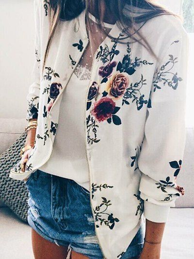 

Flowers Pattern Zip Up Jacket, White