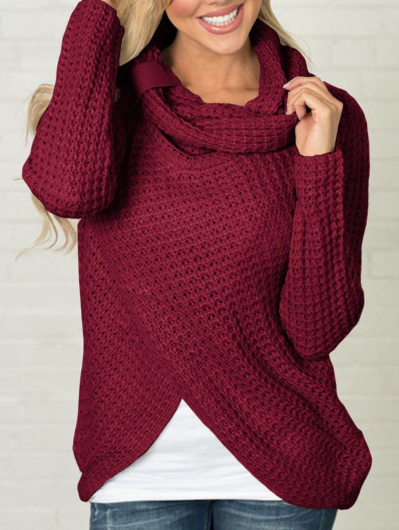 

Split Front Cowl Neck Chunky Sweater, Wine red