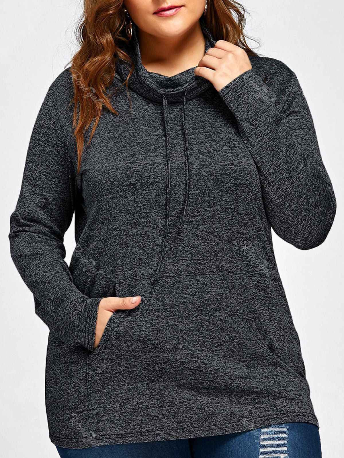 

Plus Size Drawstring Long Sleeve Cowl Neck Top, Dark gray