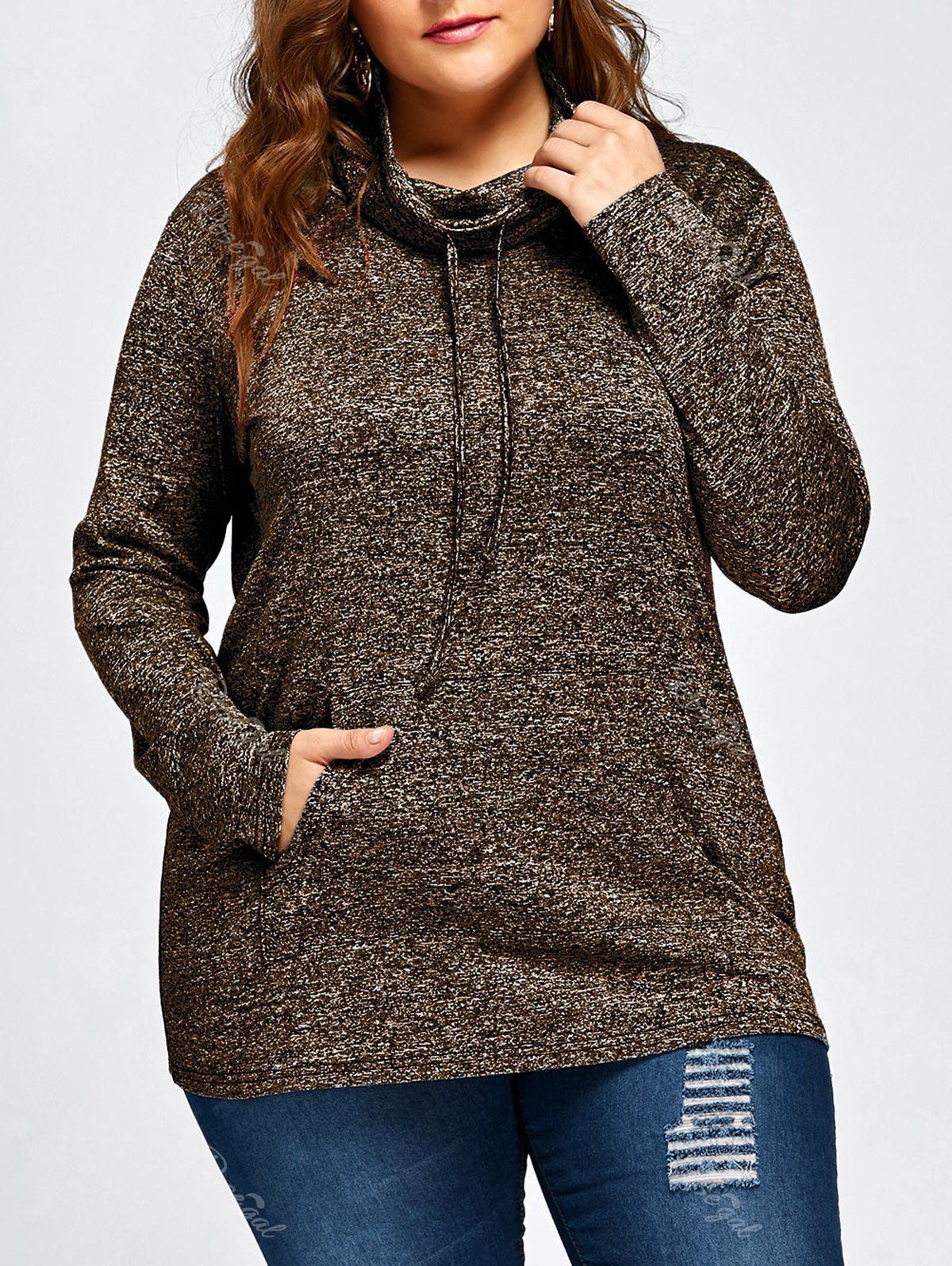 

Plus Size Drawstring Long Sleeve Cowl Neck Top, Coffee