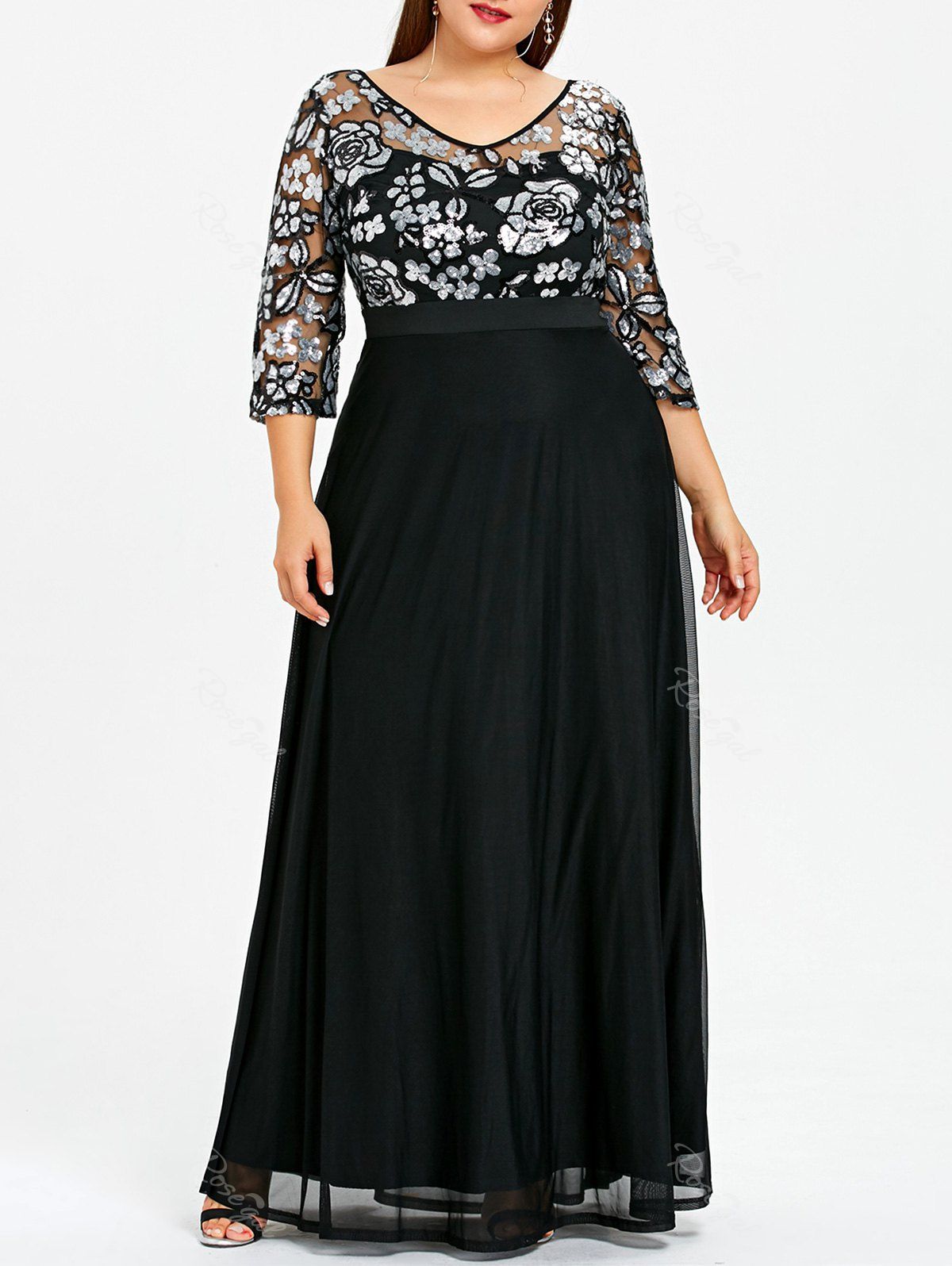 [35% OFF] Plus Size Floral Sequined Maxi Prom Dress | Rosegal